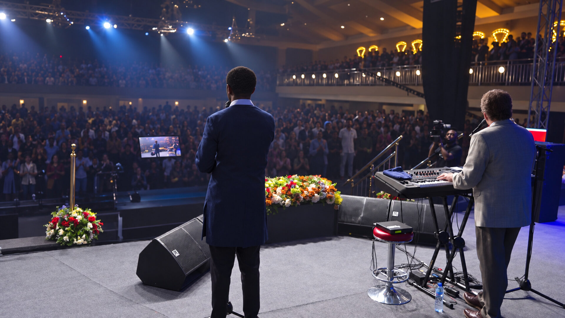 Terry MacAlmon kijkt uit over een volle zaal tijdens een worshipavond